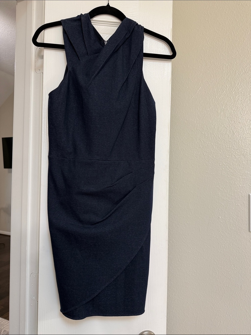 Halston Heritage Navy Sleeveless Draped Sheath Midi Dress